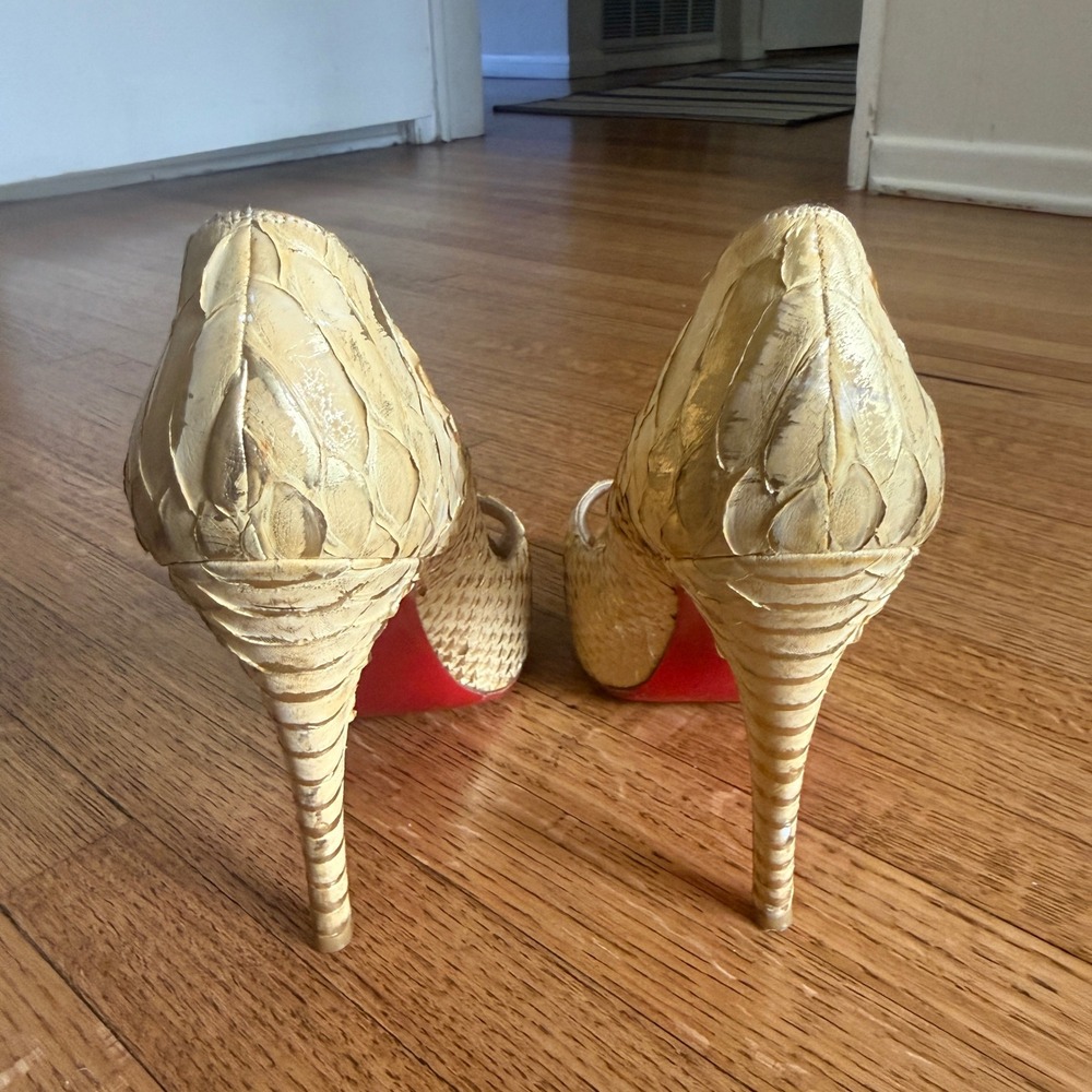 Christian Louboutin Python Peep Toe Pumps Gold Metallic Red Bottom Heels Size 37 - Picture 6 of 7